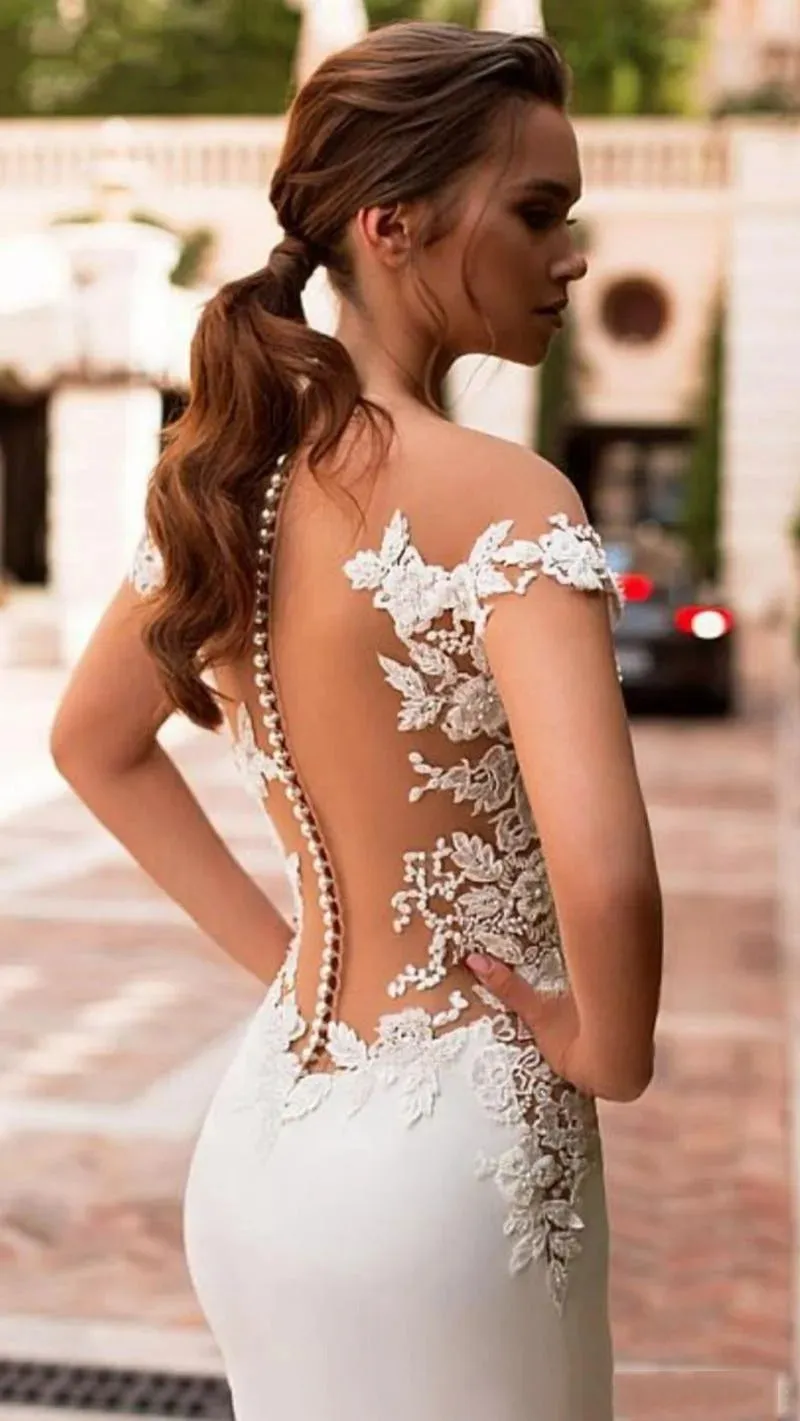 Boho Mermaid Wedding Dress Satin Cap Sleeve Vestido De Noiva Lace Bohemian Bride Dresses With Romantic Buttons