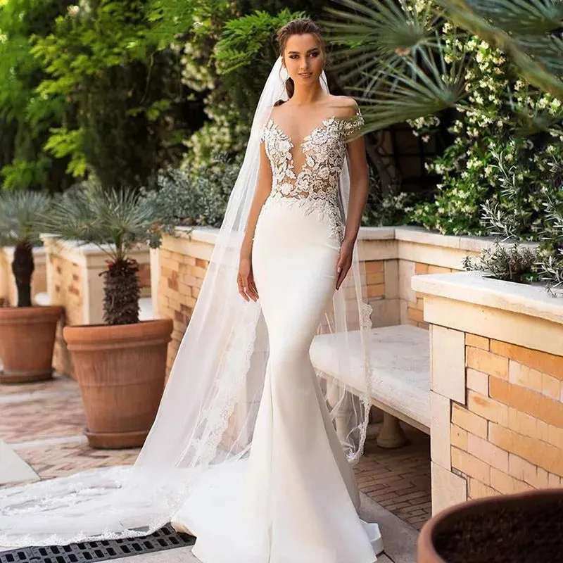 Boho Mermaid Wedding Dress Satin Cap Sleeve Vestido De Noiva Lace Bohemian Bride Dresses With Romantic Buttons