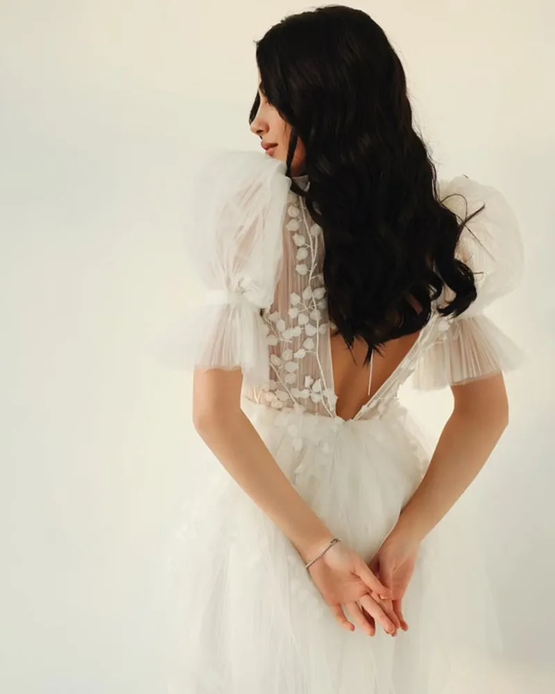 Boho Mini Wedding Party Dresses Deep V Neck Lace Short Bride Dress