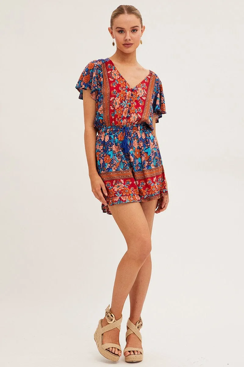 Boho Print V-Neck Playsuit Short Sleeve