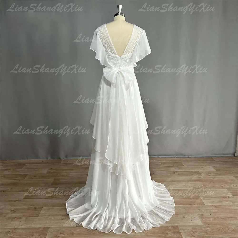 Boho V-Neck Wedding Dresses Chiffon A Line Short Sleeves Backless Floor Length