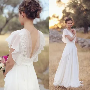 Boho V-Neck Wedding Dresses Chiffon A Line Short Sleeves Backless Floor Length