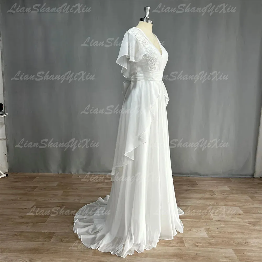 Boho V-Neck Wedding Dresses Chiffon A Line Short Sleeves Backless Floor Length