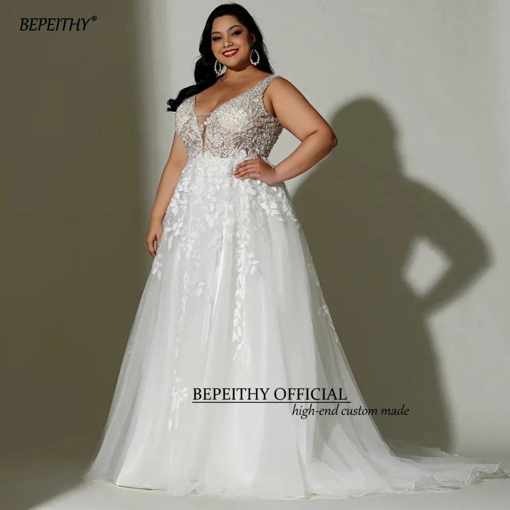 Boho Wedding Dresses For Plus Size Women Bride Sleeveless A Line Ivory