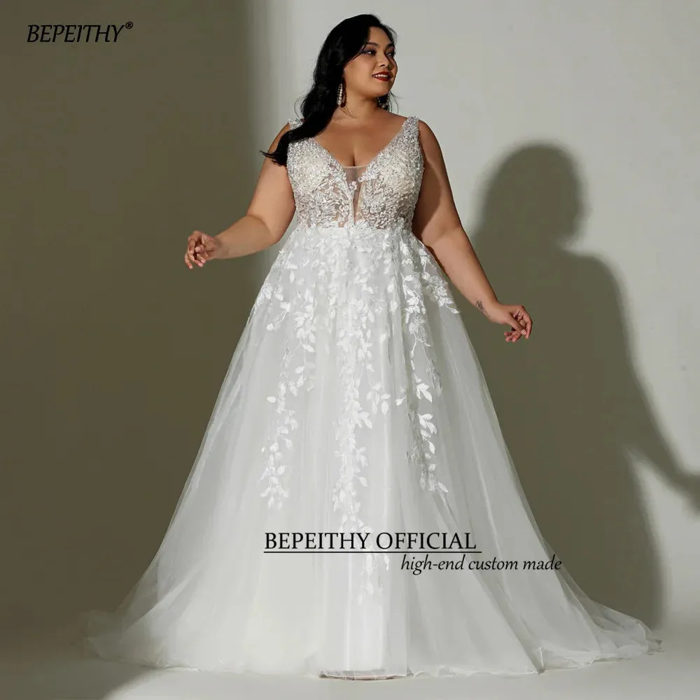 Boho Wedding Dresses For Plus Size Women Bride Sleeveless A Line Ivory