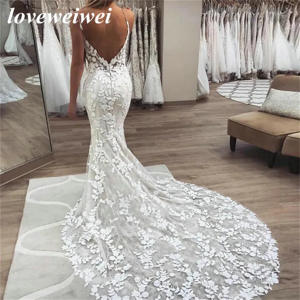 Boho Wedding Dresses Mermaid Bridal Dress Spaghetti Straps Backless