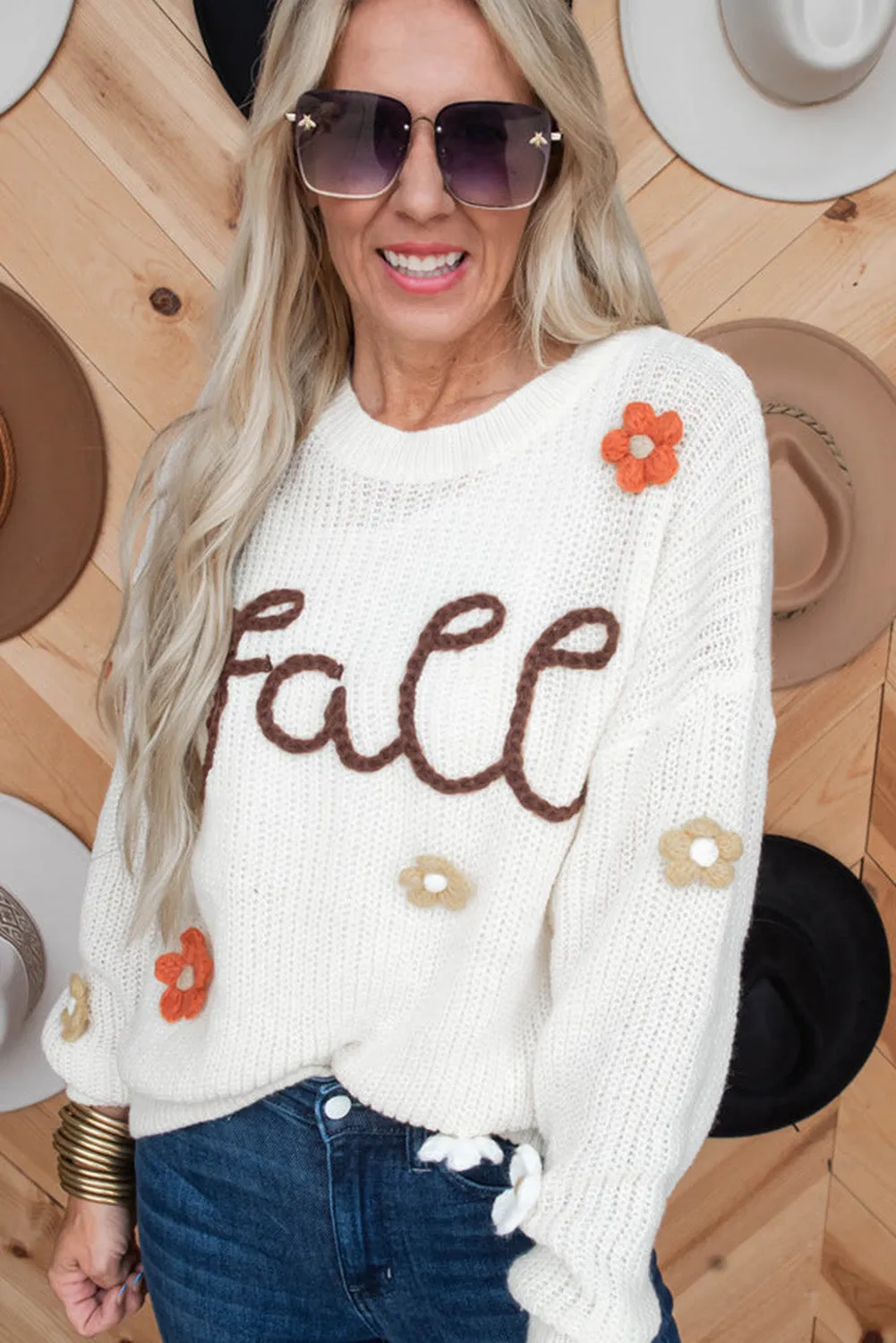 Bright White Cute Flower Detail Casual Fall Sweater