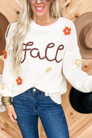 Bright White Cute Flower Detail Casual Fall Sweater
