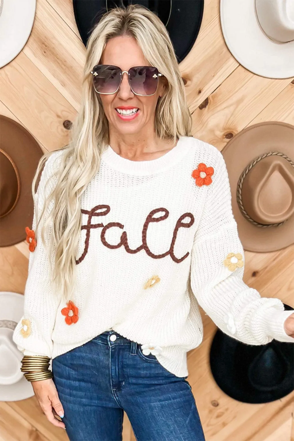 Bright White Cute Flower Detail Casual Fall Sweater