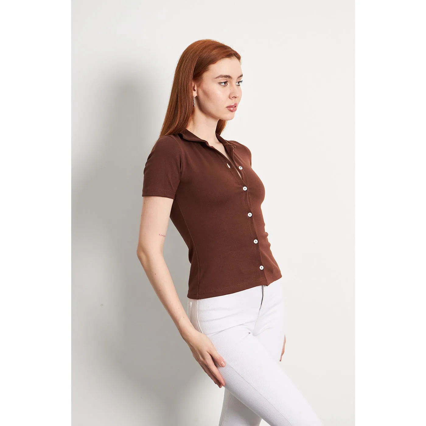 Brown Button Down Collar Top
