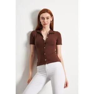 Brown Button Down Collar Top