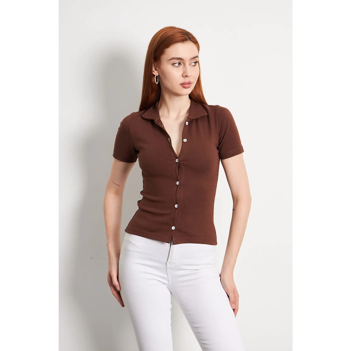 Brown Button Down Collar Top