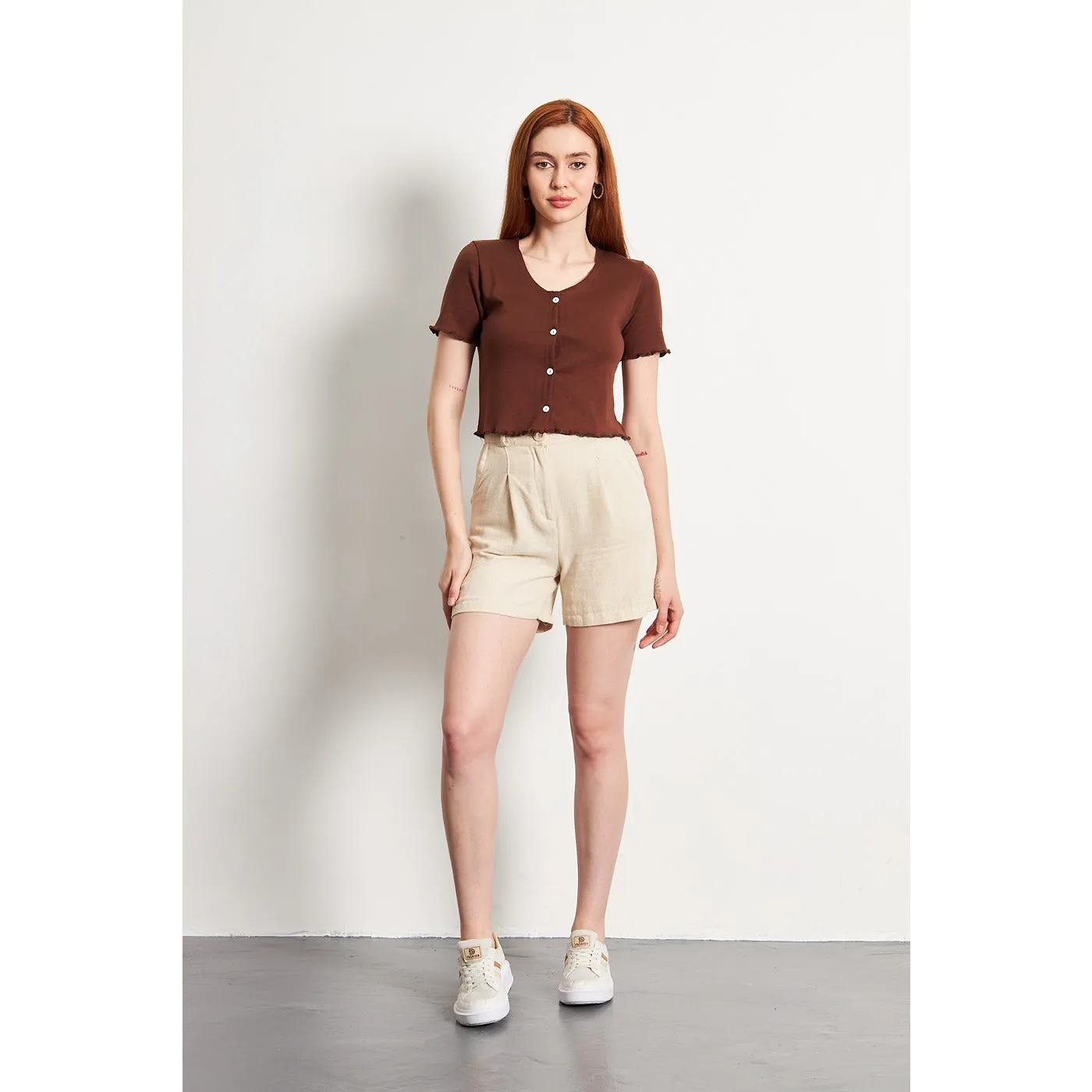 Brown Button Down Crop Top