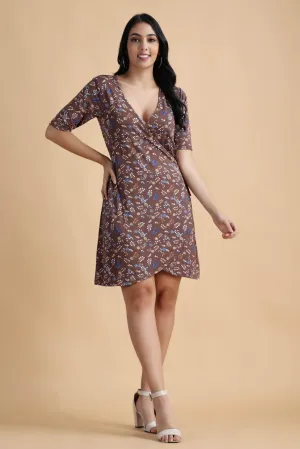 Brown Floral Printed Wrap Around Dress