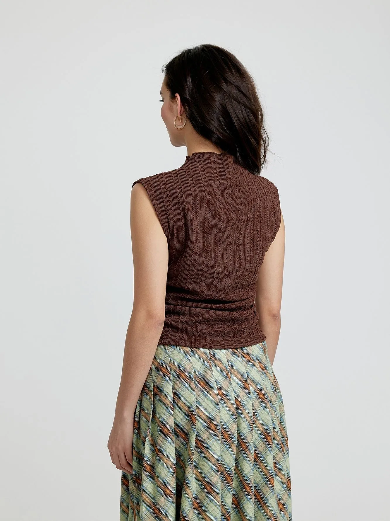 Brown Textured Knit Top With Side Ruching