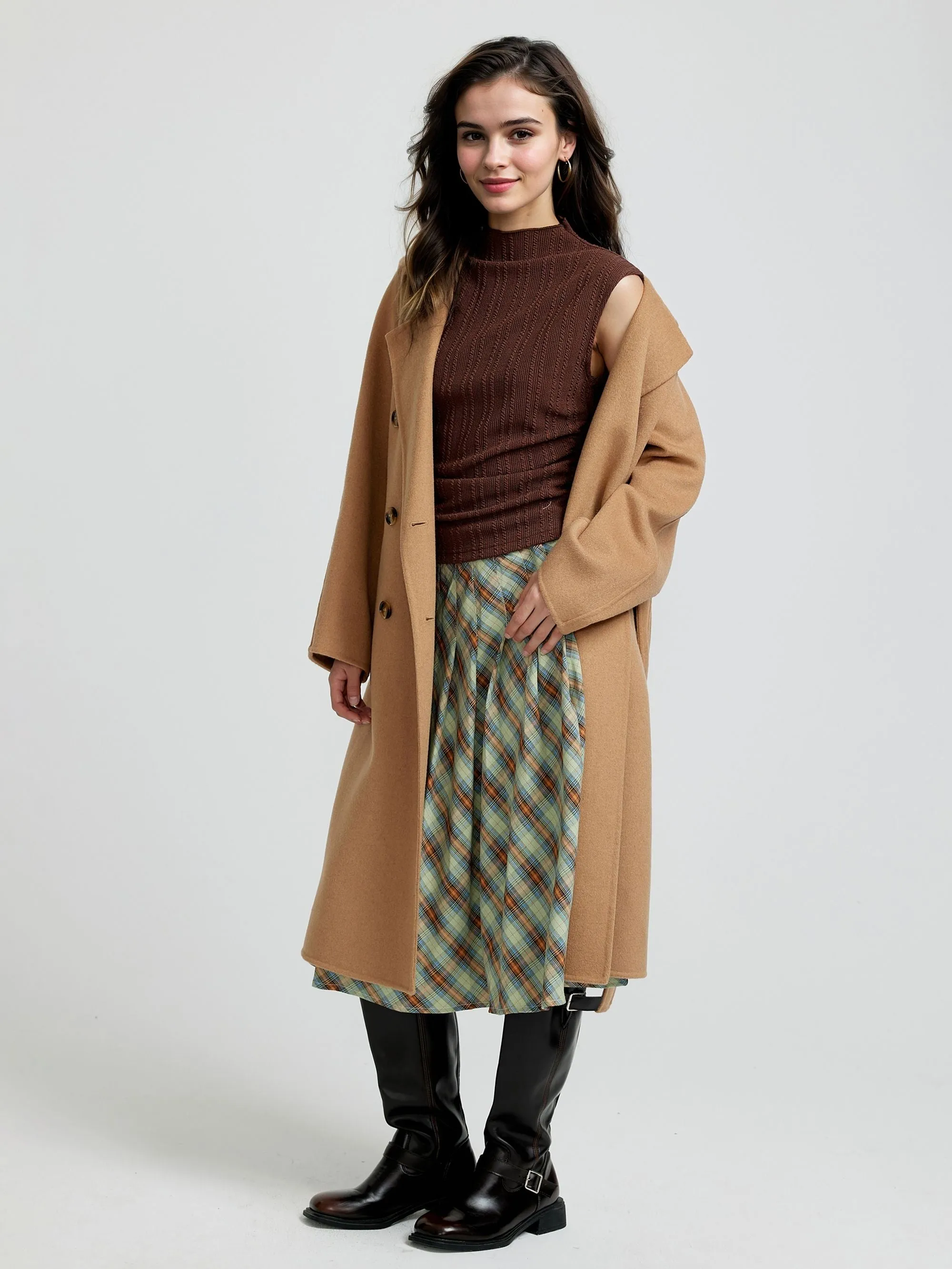 Brown Textured Knit Top With Side Ruching
