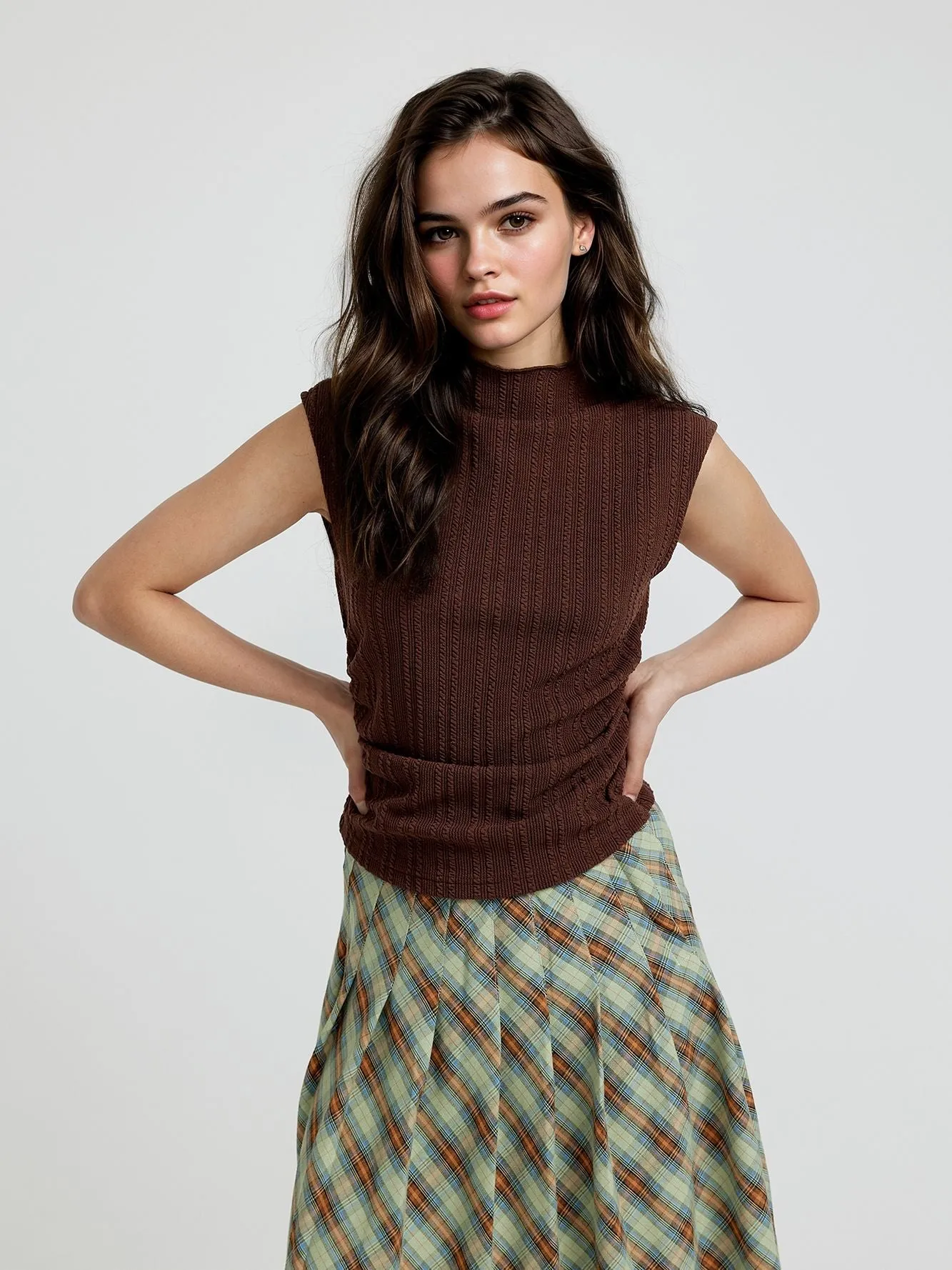 Brown Textured Knit Top With Side Ruching