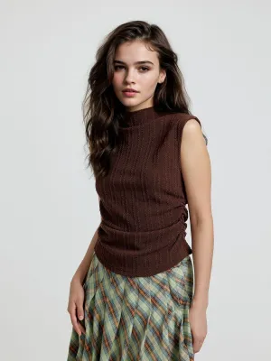 Brown Textured Knit Top With Side Ruching
