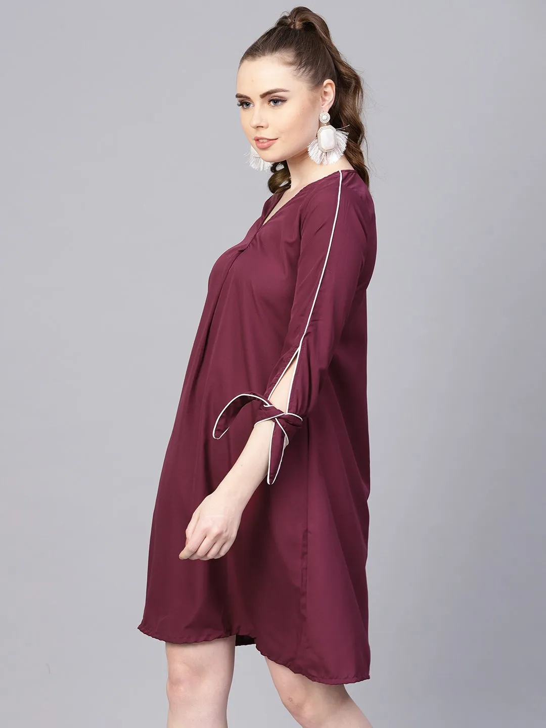 Burgundy A-Line Dress With Knot Style Sleeves
