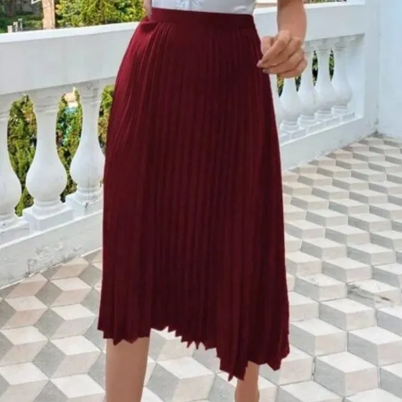 burgundy Pleated Satin  Midi Skirt Evening classy chic
