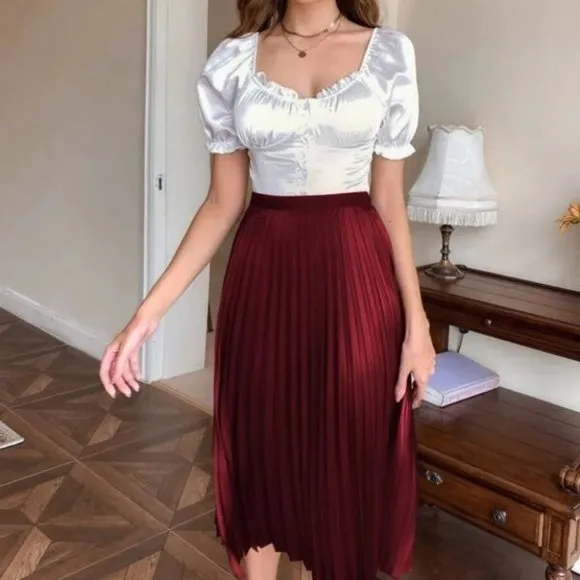 burgundy Pleated Satin  Midi Skirt Evening classy chic
