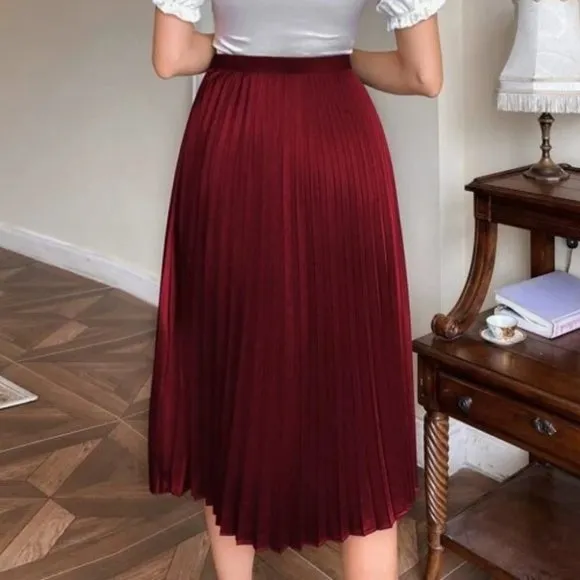 burgundy Pleated Satin  Midi Skirt Evening classy chic