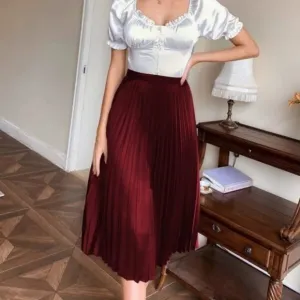 burgundy Pleated Satin  Midi Skirt Evening classy chic
