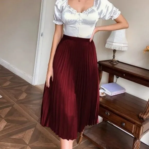 burgundy Pleated Satin  Midi Skirt Evening classy chic