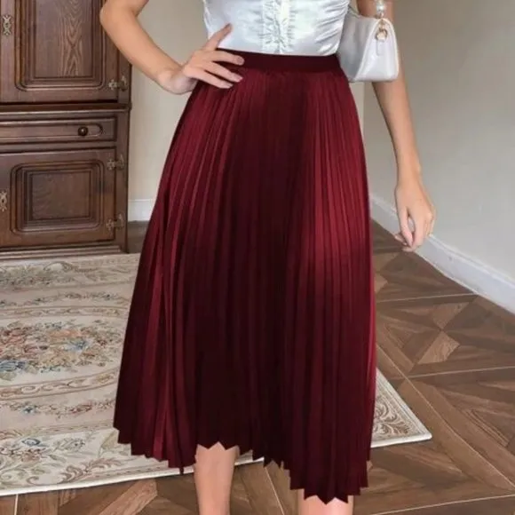 burgundy Pleated Satin  Midi Skirt Evening classy chic