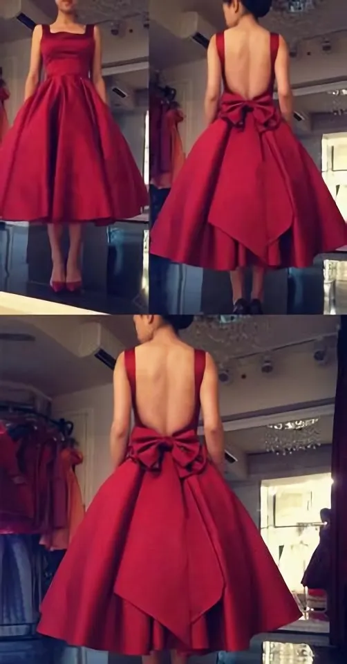 Burgundy Tea Length A Line Backless Hd55 Prom Dresses