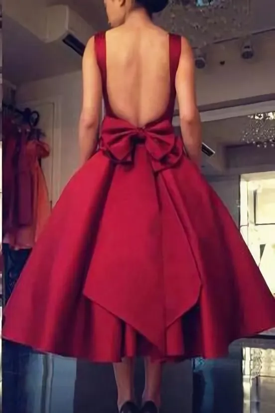 Burgundy Tea Length A Line Backless Hd55 Prom Dresses