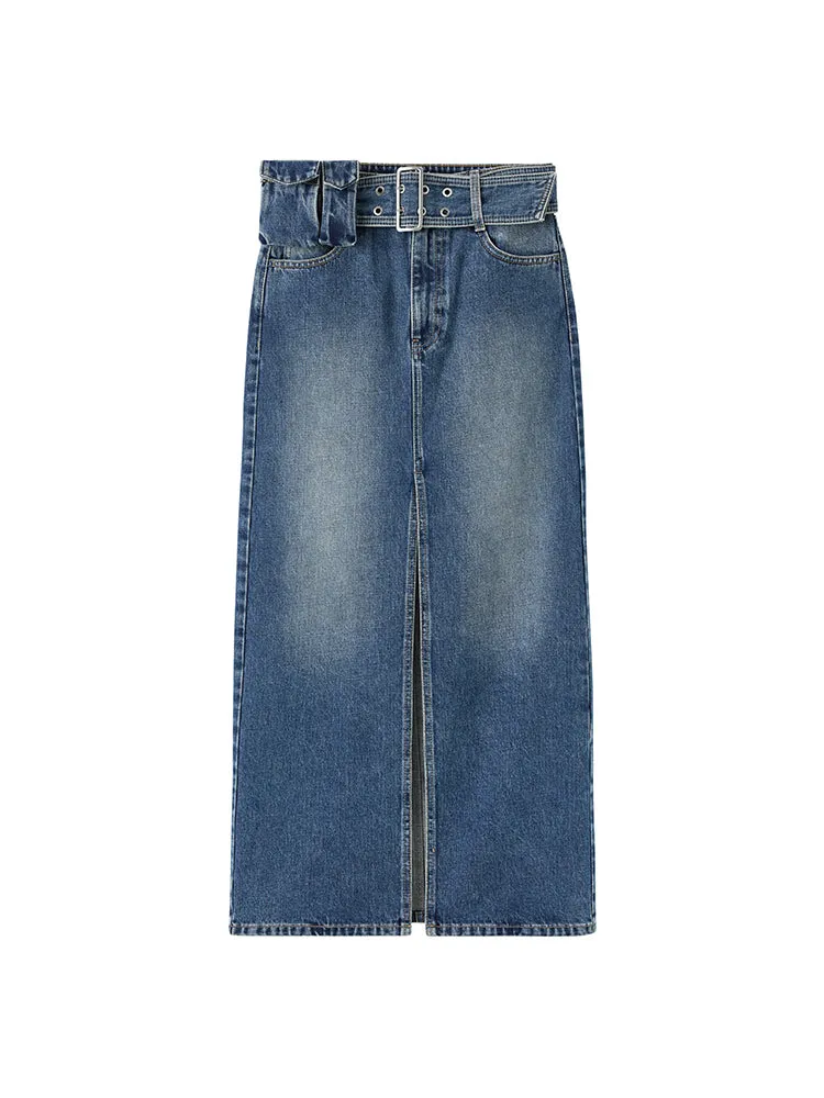 Cargo Style Denim Skirt With Detachable Belt