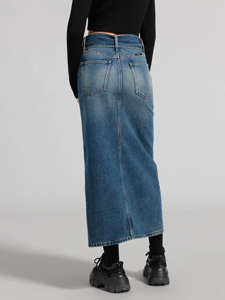 Cargo Style Denim Skirt With Detachable Belt