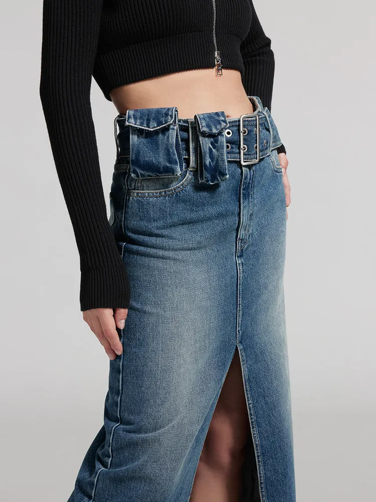 Cargo Style Denim Skirt With Detachable Belt