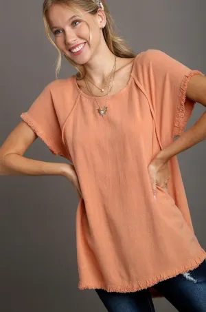 Carly Solid Linen Short Sleeve Top In Apricot