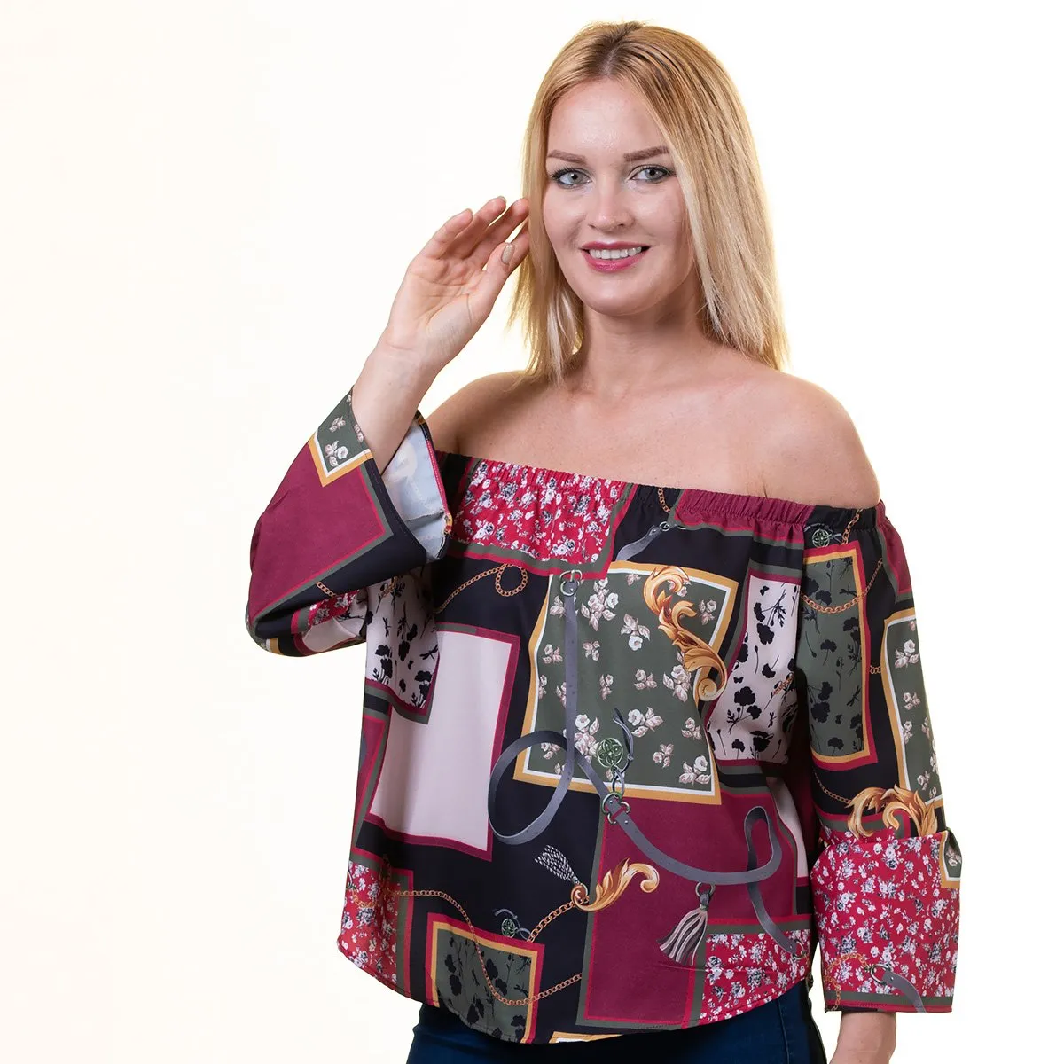 Carmine Multicolor Long Sleeve Off the Shoulder Blouse for Women - Going Out Textured Tops for