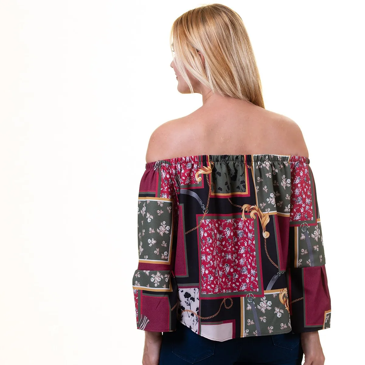 Carmine Multicolor Long Sleeve Off the Shoulder Blouse for Women - Going Out Textured Tops for