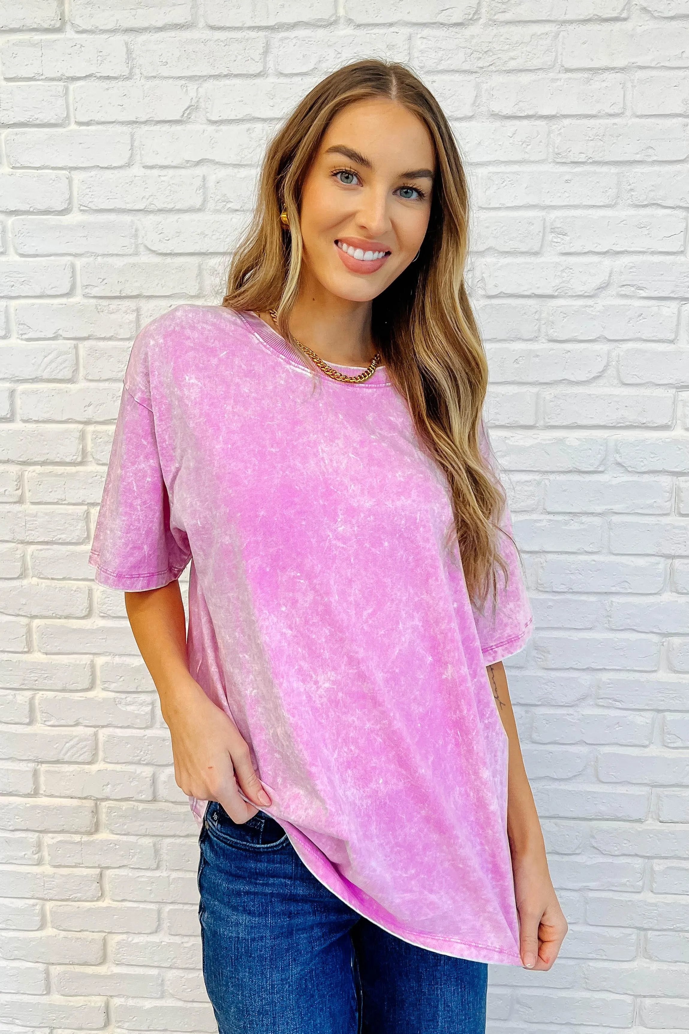Casual Basic Drop Shoulder Oversized Tee in Bright Mauve