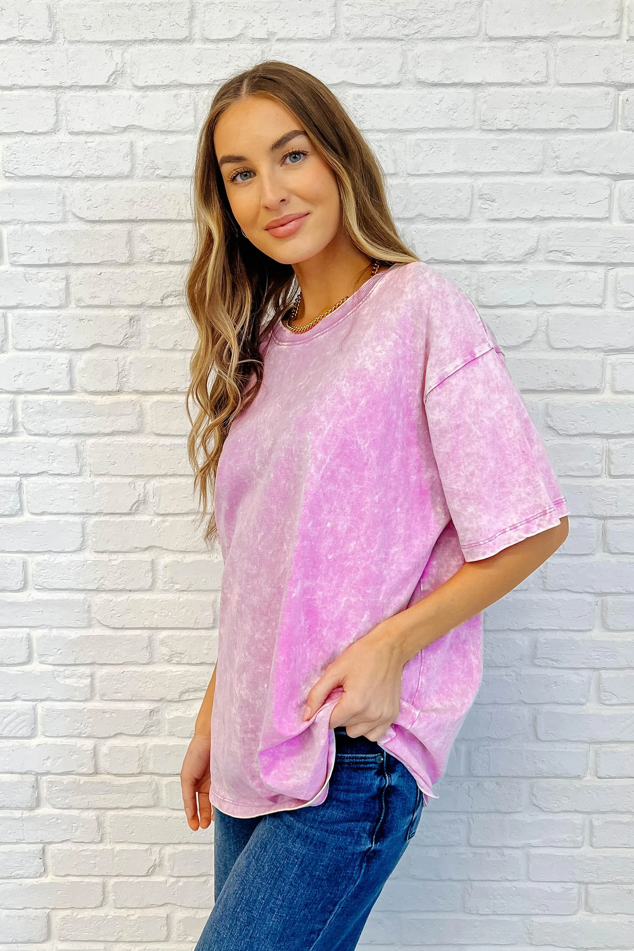 Casual Basic Drop Shoulder Oversized Tee in Bright Mauve