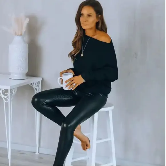 Casual Black knit off shoulder women pullover sweater tops