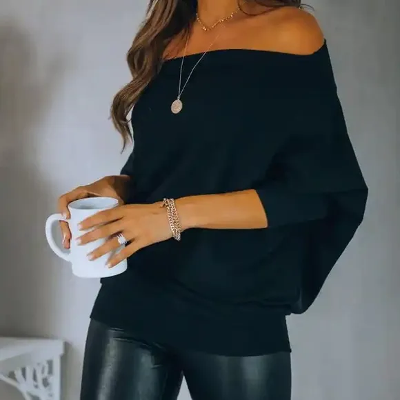 Casual Black knit off shoulder women pullover sweater tops