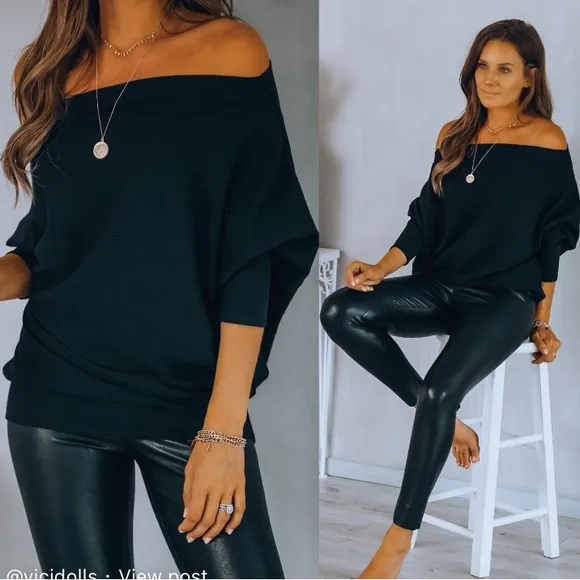 Casual Black knit off shoulder women pullover sweater tops