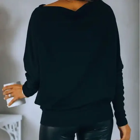 Casual Black knit off shoulder women pullover sweater tops