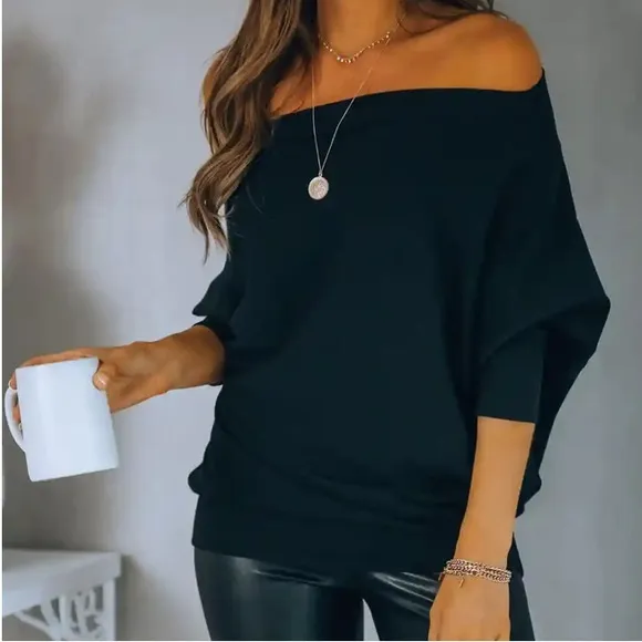 Casual Black knit off shoulder women pullover sweater tops