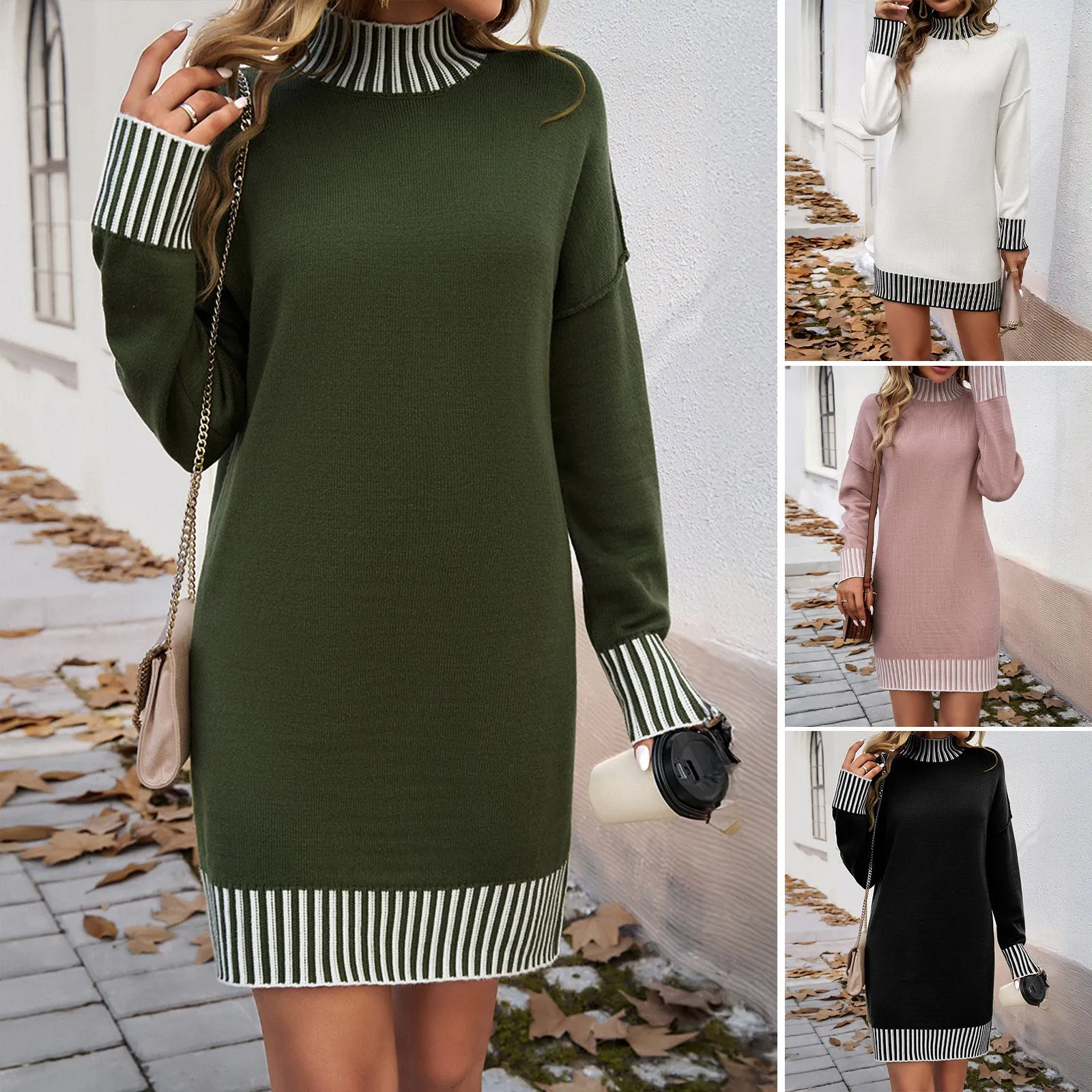 Casual Color Contrast Sweater Dress Wholesale Womens Clothing N3824071500011