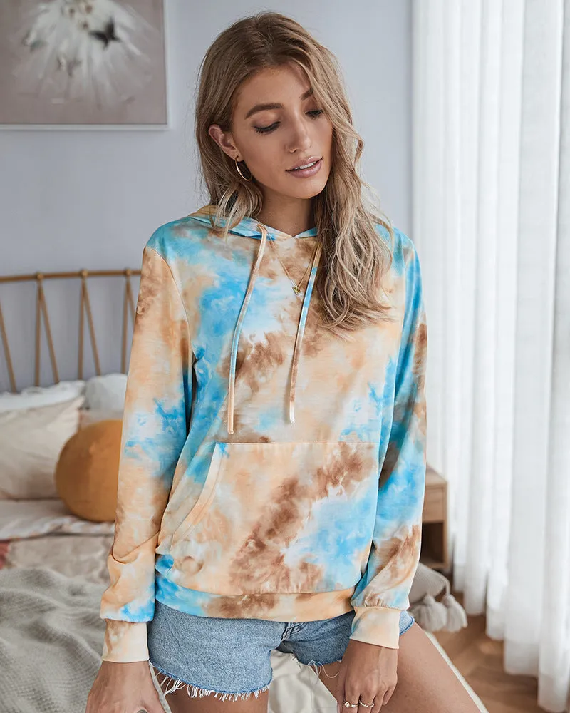 Casual Hooded Blouse Tie-dye Pocket Tops