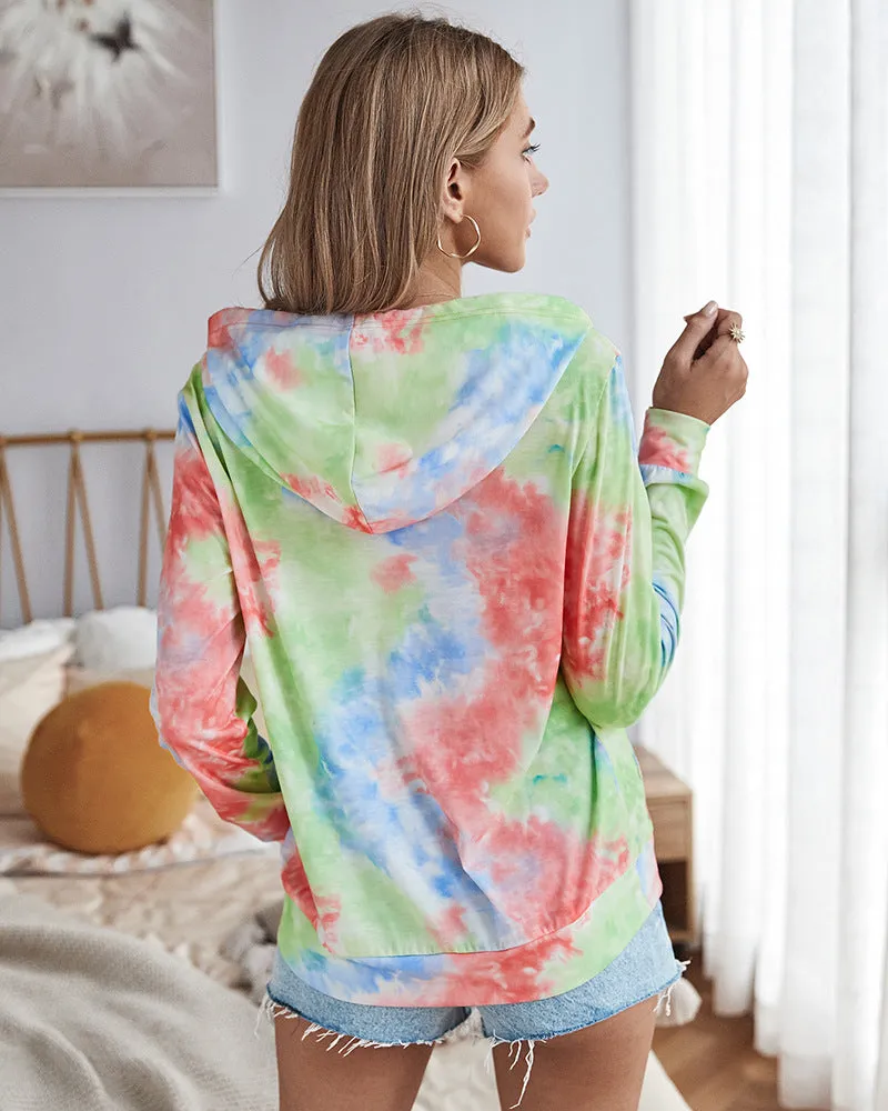 Casual Hooded Blouse Tie-dye Pocket Tops