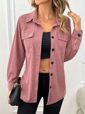 Casual Long Sleeve Jacket - Flap Pocket & Lapel Collar Design