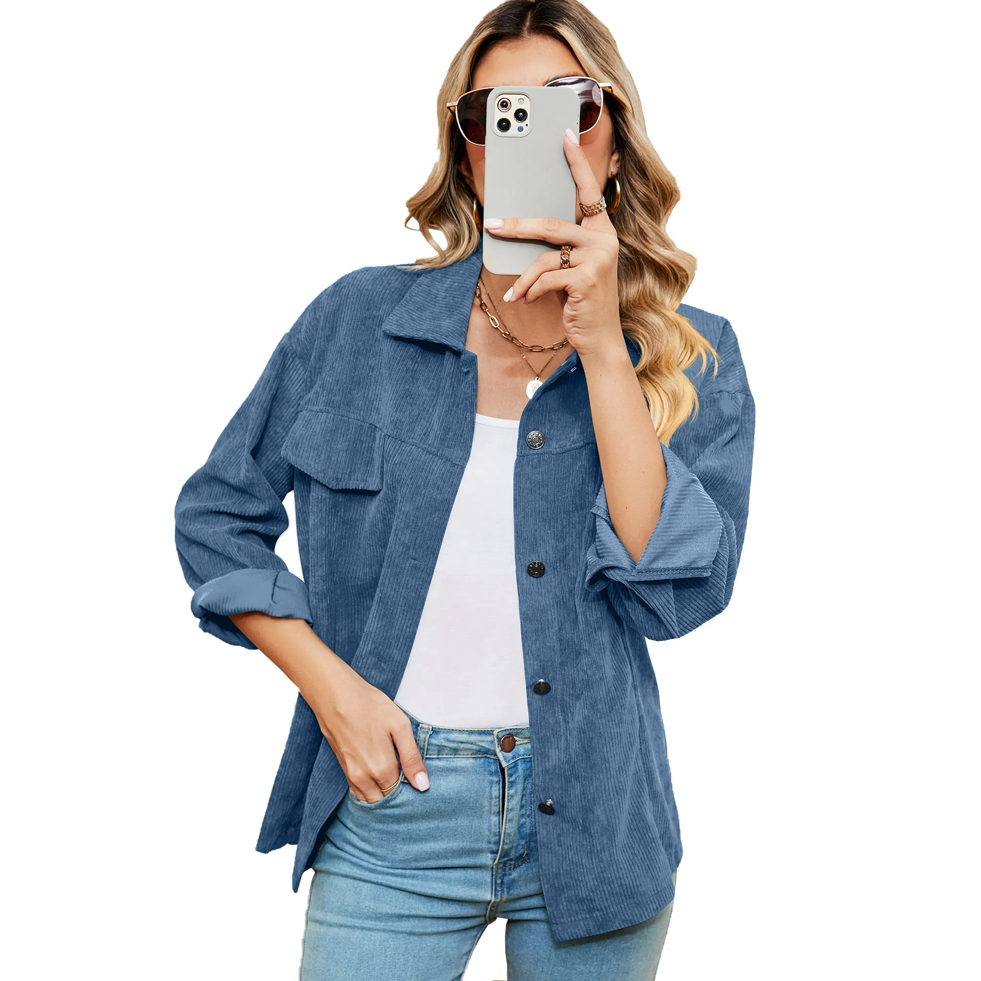 Casual Long Sleeve Jacket - Flap Pocket & Lapel Collar Design