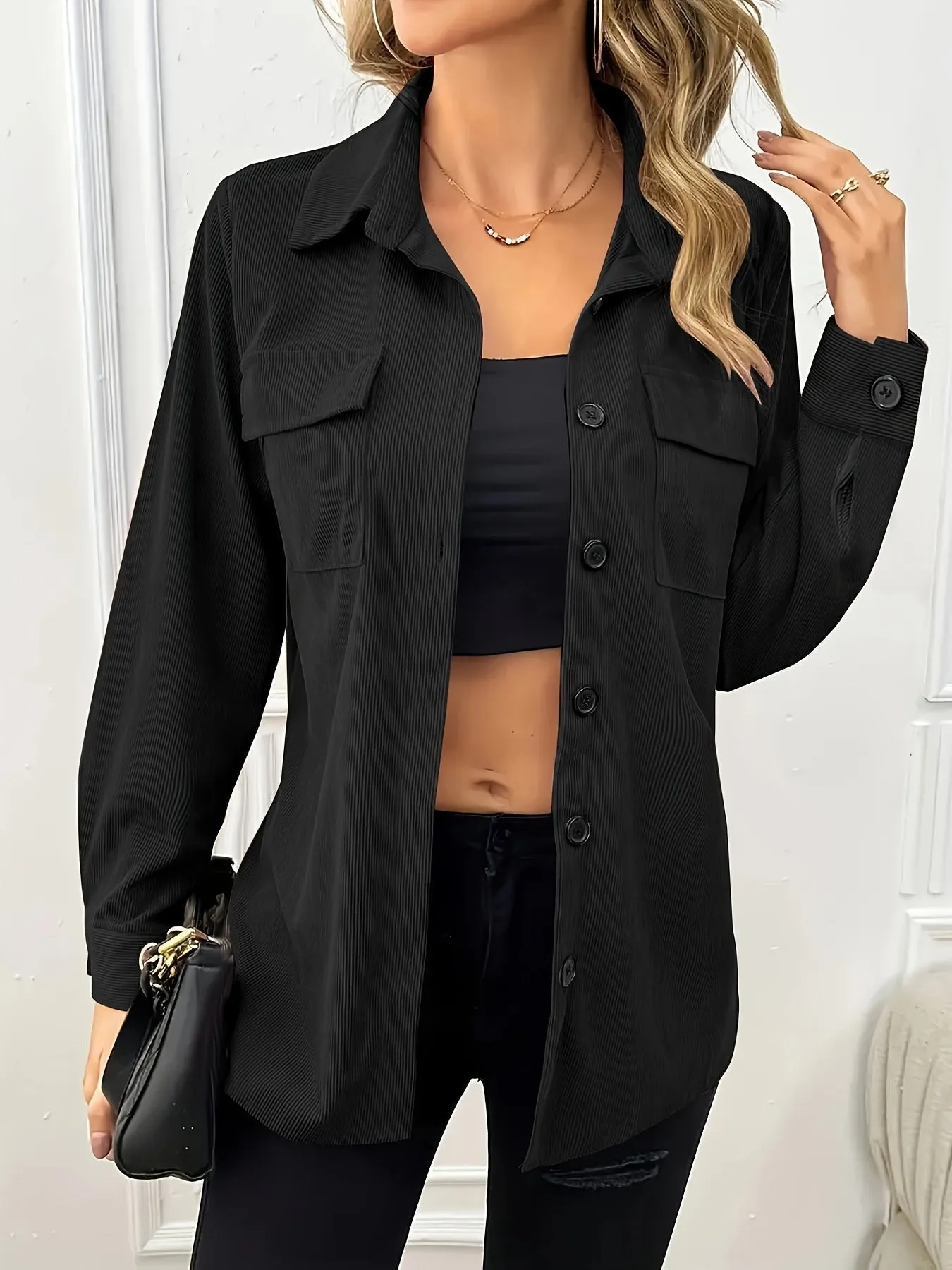 Casual Long Sleeve Jacket - Flap Pocket & Lapel Collar Design